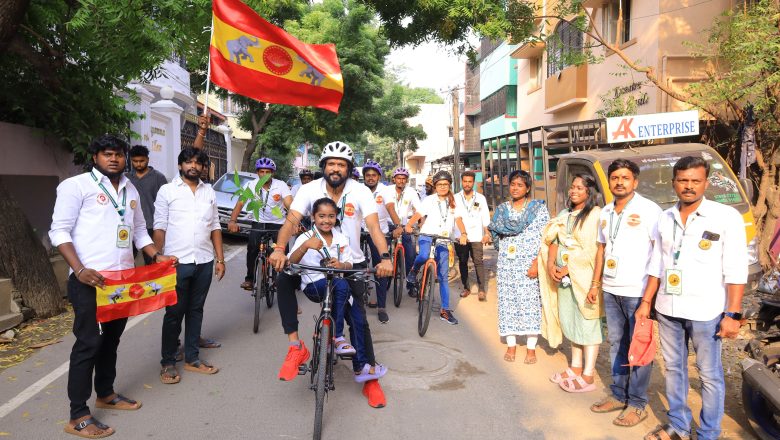 விஜய்யின் த.வெ.க. முதல் மாநில மாநாட்டுக்கு சைக்கிளில் செல்லும் நடிகர் சௌந்தரராஜா*